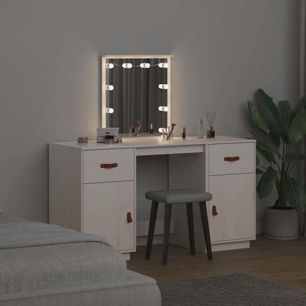 Maison Exclusive - Meikkipöytäsetti LED-valolla, valkoinen, massiivipuu