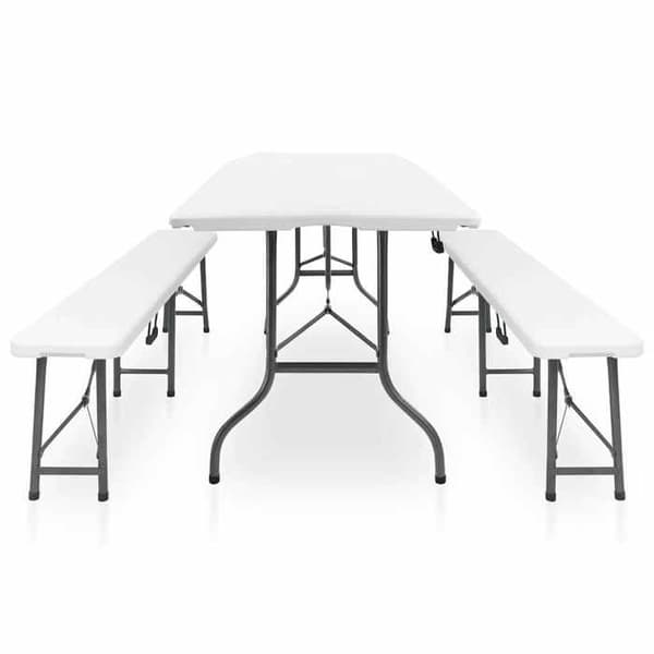 Fällbart bord och 2 bänkar - EXKLUSIV HEM - 180 cm - Målad stål - Hållbar PEHD - Vit Vit