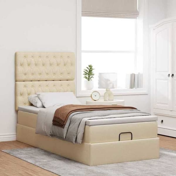 Sängsoffa - Maison Exclusive - 90x200 cm - Crème tyg - Hydraulisk förvaring Grädde