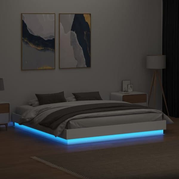Sengestel - EKSKLUSIV HUS - 200x200 cm - RGB LED - Træ (spånplader) - Lamelseng Vit