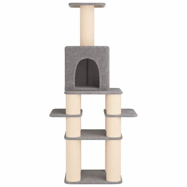 Kattetræ - EKSKLUSIVT HUS - 180 cm - Sisal stolper - Lys grå pels - Flere platforme Ljusgrått