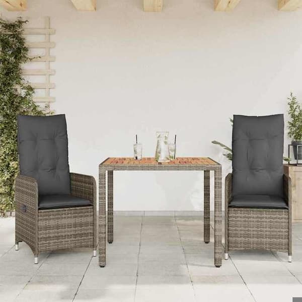 Ensemble bistro - EKSKLUSIVT HUS - 3 stk poly rattan - Grå puder - Justerbar ryg - Akacietræ bord Grå (kuddar)