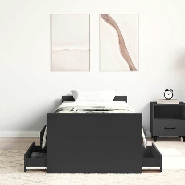 Sengestel - EKSKLUSIV HUS - 90x200 cm - Sort - 4 skuffer & hylder - Lamelseng Svart