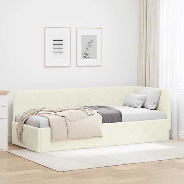 Vinkelsängram - EXKLUSIV HEM - L-formad ram - Krämvelour - 80 x 200 cm - Vändbart armstöd Grädde