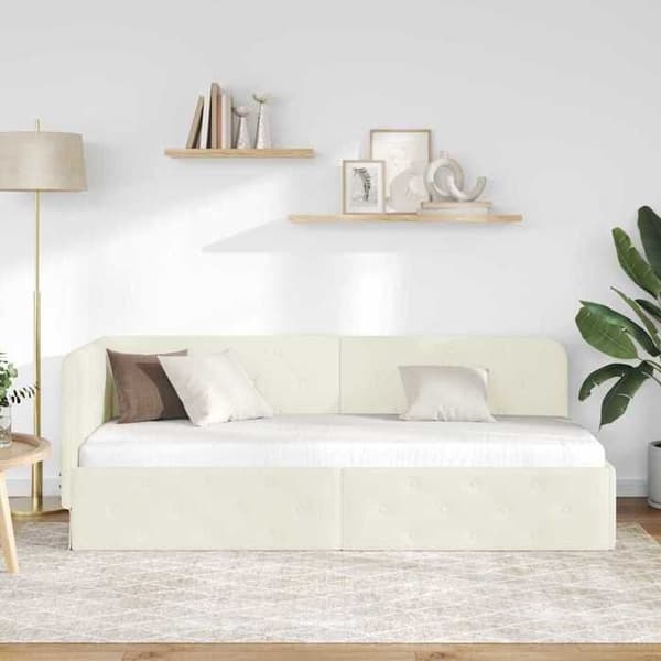 Vinkelsängram - EXKLUSIV HEM - L-formad ram - Krämvelour - 80 x 200 cm - Vändbart armstöd Grädde