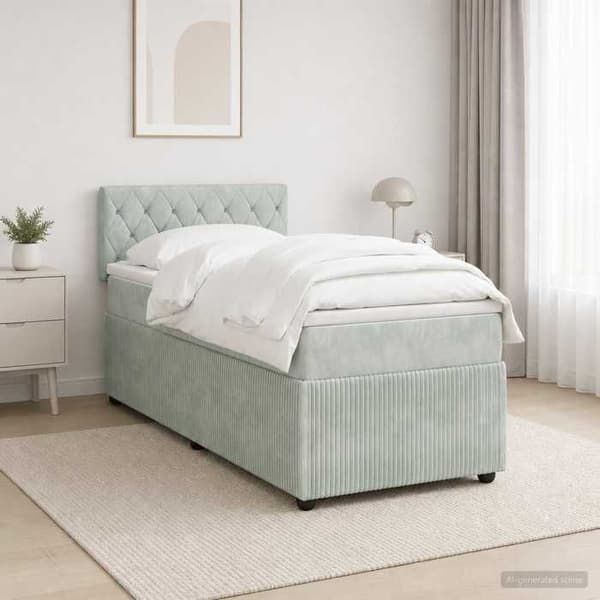 Sängram med madrass - EXKLUSIV HEM - Boxspring-säng - Ljusgrå sammet - 90 x 190 cm - Justerbart huvud & LED Ljusgrått