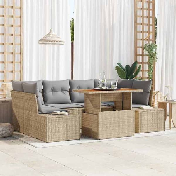 Maison Exclusive - 7 osan beige polyrottinkinen puutarhakalustesetti