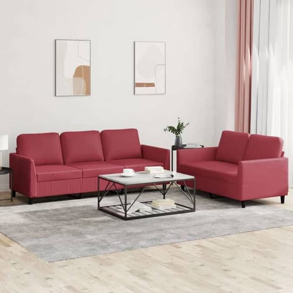 Maison Exclusive - Set med 2 soffor och kuddar i vinröd konstläder