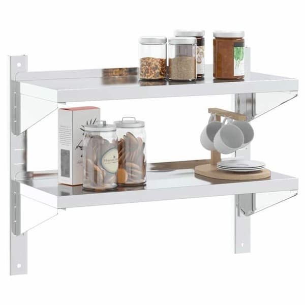 Væghylde - EKSKLUSIV HUS - 2 niveauer - 75 x 30 x 60 cm - Rustfrit stål - Sølvfarvet Silver