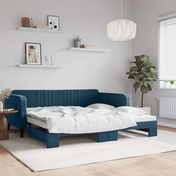 Seng i dag - EKSKLUSIVT HUS - 100x200 cm - med udtræksseng - blå velour - lamelbund Blå