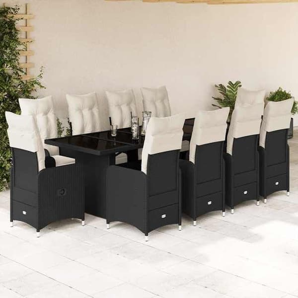 Ensemble bistro - EKSKLUSIVT HUS - 11 stk - Sort - Poly rattan - Vaskbare puder - Hærdet glas Svart