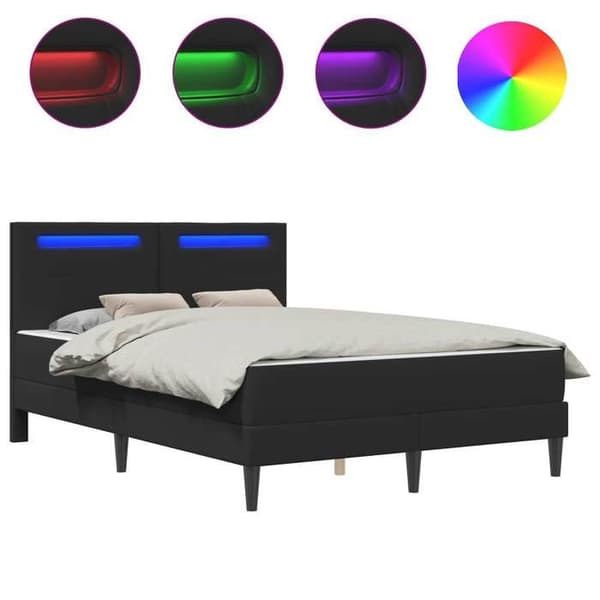 Sengestel - EKSKLUSIV HUS - 140 x 200 cm - Sort kunstlæder - Indbyggede USB LED - Hovedgærde & lameller inkluderet Svart
