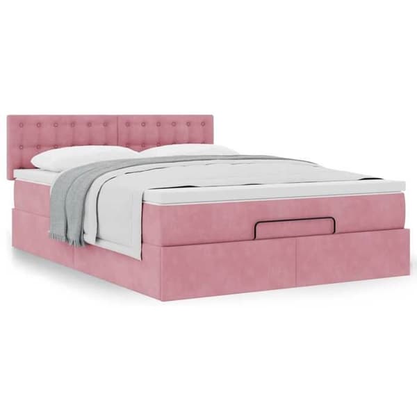 Ottoman seng ramme - 140x190 cm - Rosa velour - Opbevaring under sengen - Hydraulisk løftemekanisme rosa, vit