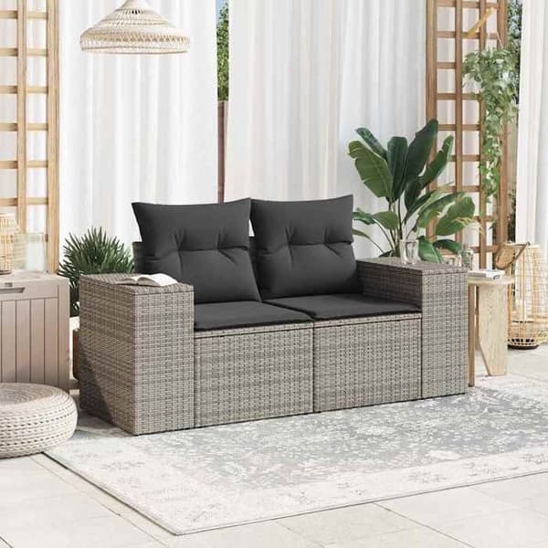 Maison Exclusive - Trädgårdssoffa 2 platser med grå kuddar i flätad resin
