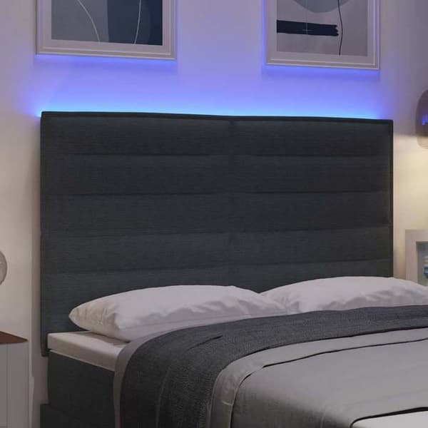 Sänggavel - EXKLUSIV HEM - 144 cm - Inbyggd LED - Mörkgrå - Trä & ribbat sammet Mörkgrå
