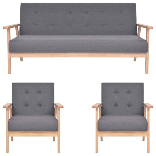 Soffgrupp - Maison Exclusive - Mörkgrått tyg - 3 delar (2 fåtöljer + 3-sitssoffa) - Ram av massivt trä mörkgrå