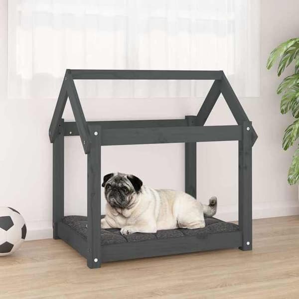 Hundeseng - EKSKLUSIV HUS - 71x55x70 cm - Massivt fyrretræ - Grå - Rektangulær Grå