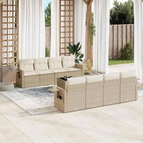 Trädgårdsmöbler - EXKLUSIVT HUS - 9 delar - Beige - Flätad resin - Tjocka kuddar beige