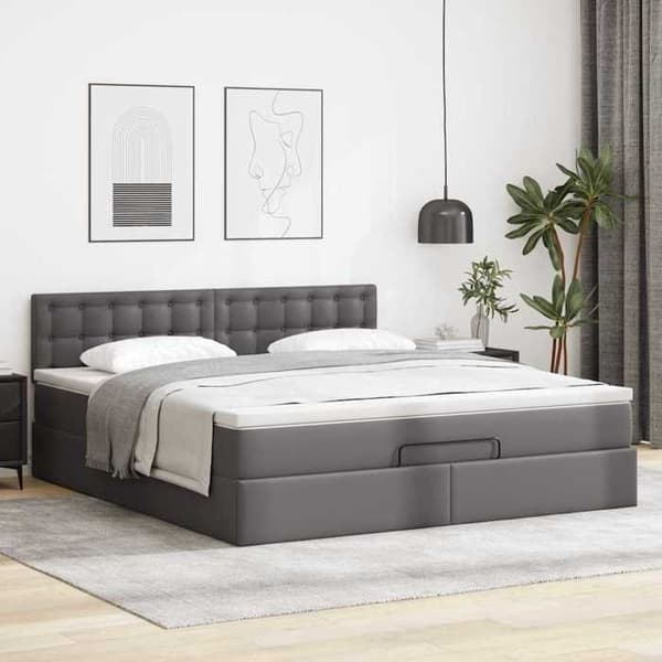 Lys ottoman - Maison Exclusive - 180 x 200 cm - Simil læder grå - Hydraulisk opbevaring & LED Grå