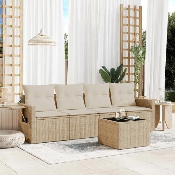 Trädgårdsmöbler - EXKLUSIVT HUS - Set med 5 delar - Beige - Flätad resin - Tjocka kuddar beige