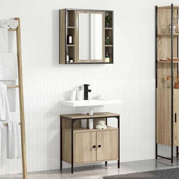 Badrumsmöbel - EXKLUSIV HEM - 2-delars set - Brun - Väggmontering - Ingenjörsträ & stål brun