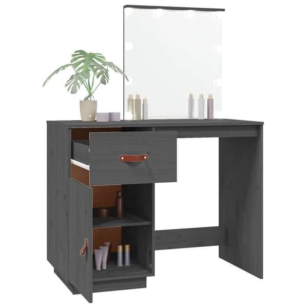 Frisör - EXKLUSIVT HUS - 95×50×133,5 cm - Massivt trä - LED-spegel (USB) - Låda & dörr Grå