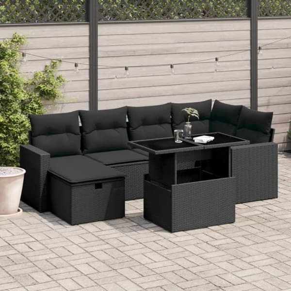 Maison Exclusive - Havegruppe 7 dele med sorte puder i flettet harv