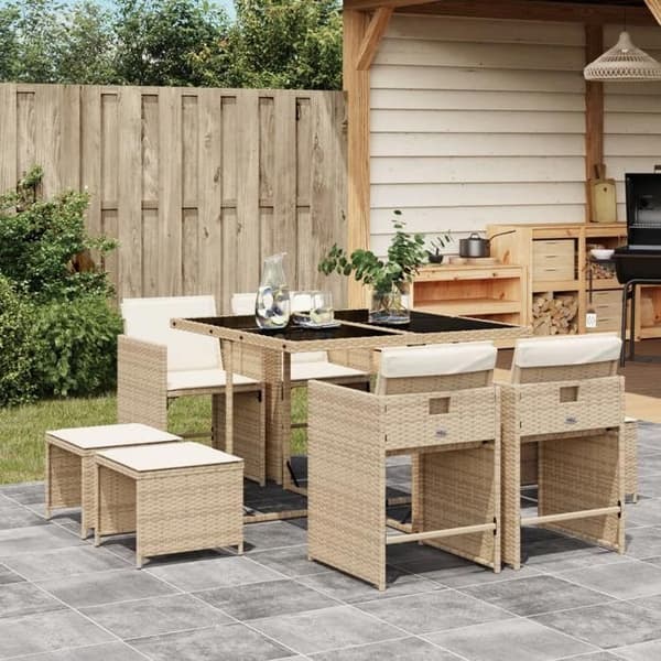 Maison Exclusive - Trädgårdsset med matbord och kuddar 9 delar beige Poly rotting