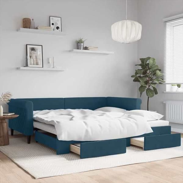 Päivävuode - EXCLUSIVE KOTI - 100x200 cm - sininen sametti - vuodevaatteet - 2 laatikkoa Blå