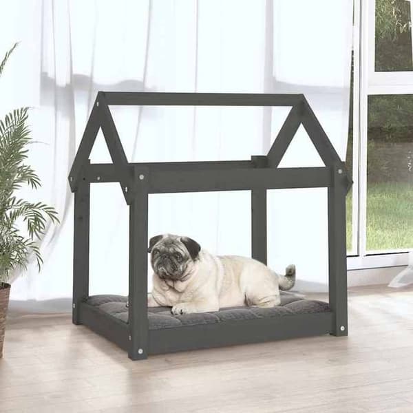 Hundeseng - EKSKLUSIV HUS - 71x55x70 cm - Massivt fyrretræ - Grå - Rektangulær Grå