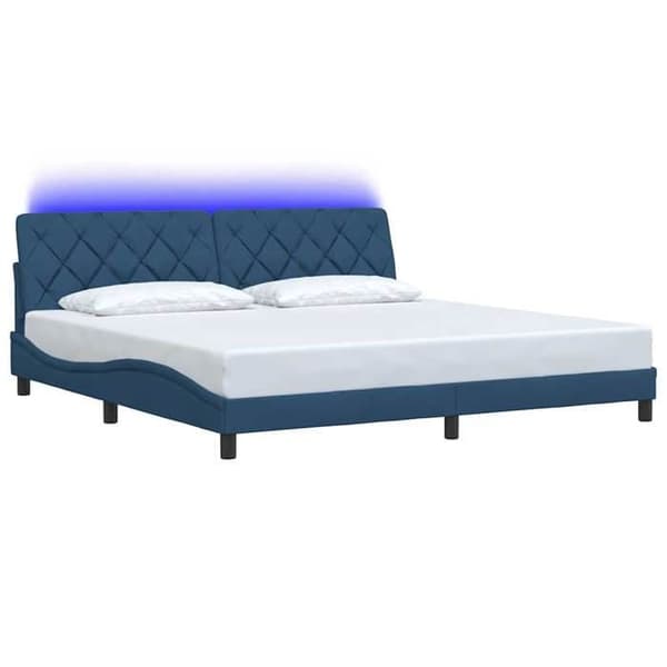 Sengestel - EKSKLUSIV HUS - 200 x 200 cm - Blå stof - Indbyggede LED - Lamelseng Blå