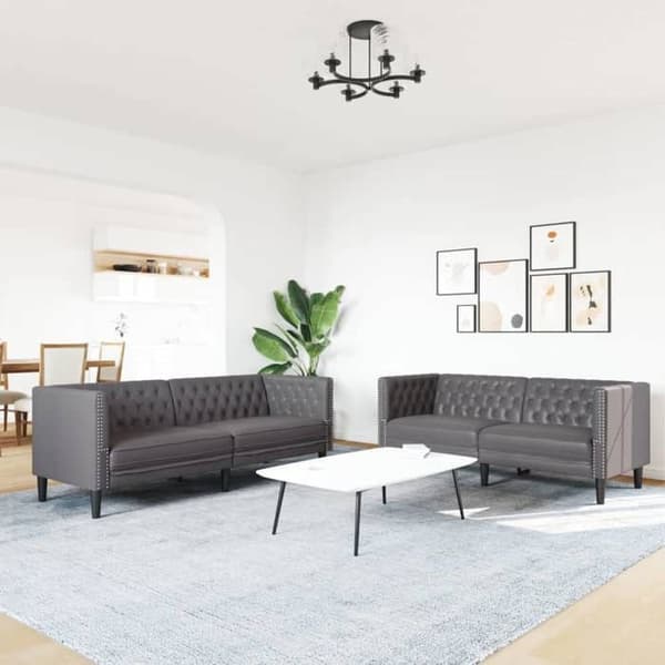 2-delars soffa - EXKLUSIVT HUS - Chesterfield - Grå konstläder - Knappklädda - Fläckbeständig Grå