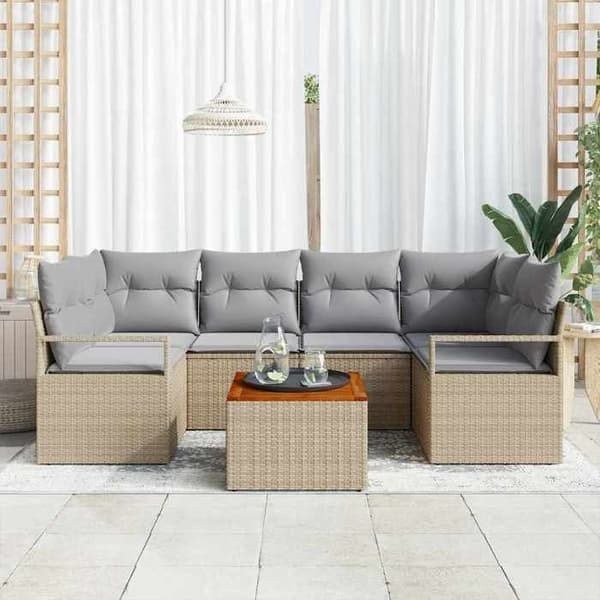 Maison Exclusive - 7-delars trädgårdsoff-set i beige polyrotting beige