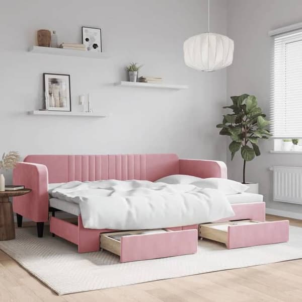 Päivävuode - EXCLUSIVE KOTI - 80 x 200 cm - Alusvuode - 2 laatikkoa - Vaaleanpunainen sametti rosa