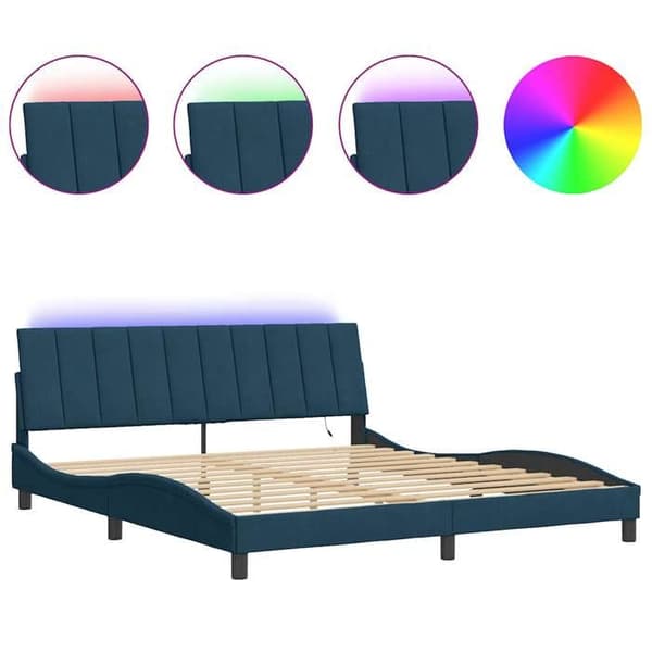Sengestel - EKSKLUSIV HUS - Hanko - Blå velour - 180x200 cm - Indbygget LED blå