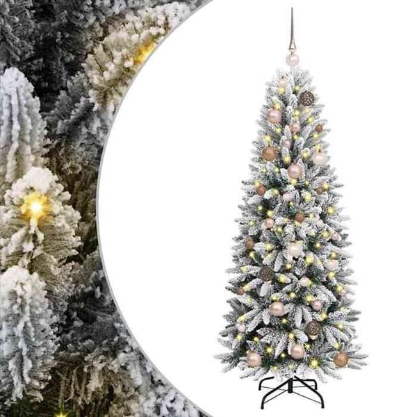 Konstgjord julgran - EXKLUSIV HEM - Gran 150 cm - Snöig finish - Varmvit LED - Fällbara grenar Vit