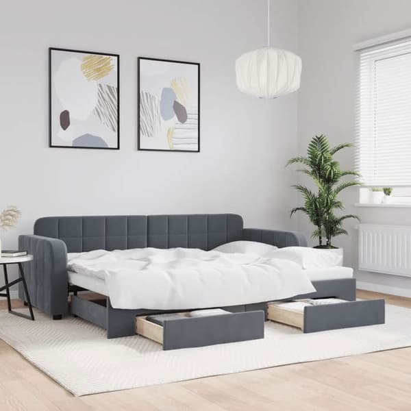 Seng i dag - EKSKLUSIV HUS - 80 x 200 cm - Uddragelig seng - 2 skuffer - Grå velour