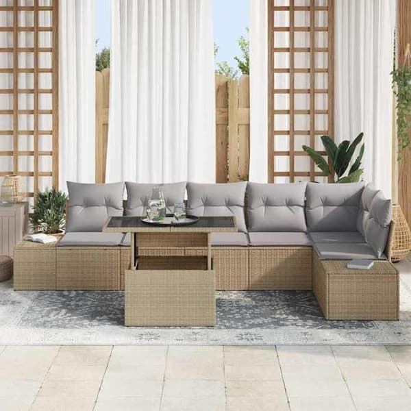 Trädgårdsmöbler - EXKLUSIVT HUS - Set 7 delar - Polyrotin - Justerbart bord - Beige & ljusgrå Beige och Ljusgrå