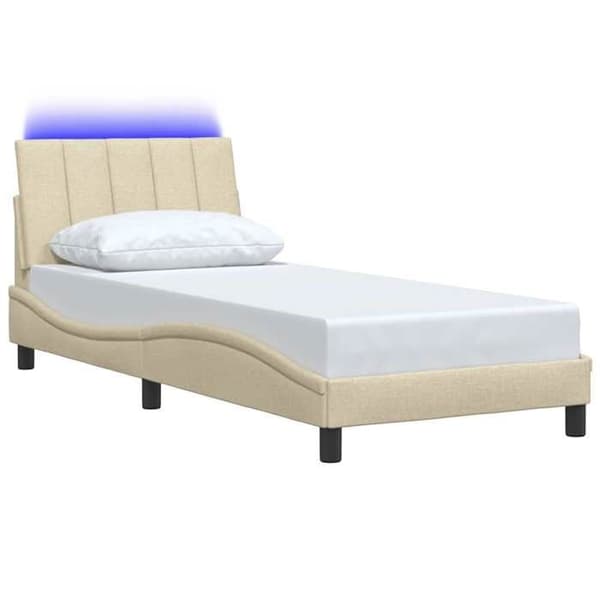Sengestel - EKSKLUSIV HUS - Hanko - 80x200 cm - Creme stof - Indbyggede LED grädde