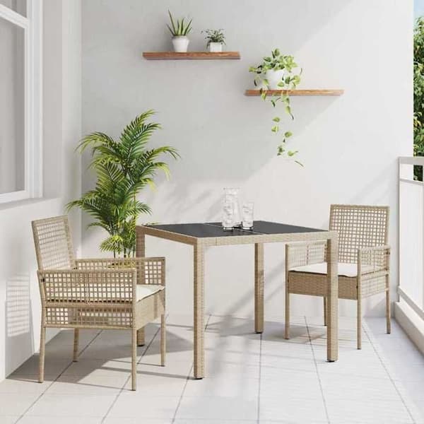 Spisestue sæt - EKSKLUSIV HUS - 3 dele - Beige - Poly rattan - Tempereret glas plade beige