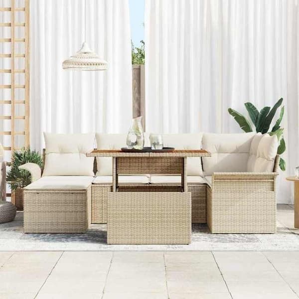 Maison Exclusive - 7 osan beige ja kerma polyrottinkinen puutarhakalustesetti