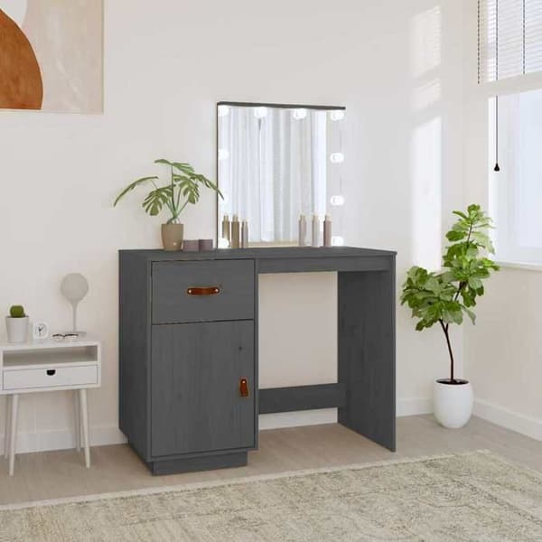 Frisör - EXKLUSIVT HUS - 95×50×133,5 cm - Massivt trä - LED-spegel (USB) - Låda & dörr Grå