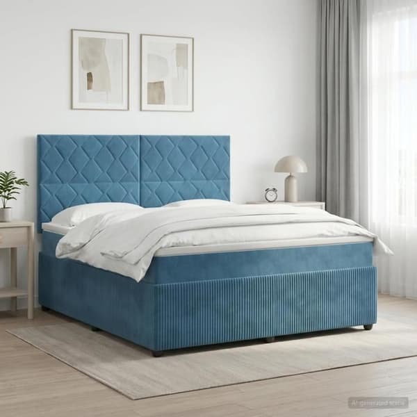 Sengestel med madras - EKSKLUSIV HUS - Boxspring - Velour - 180x200 cm - Justerbar hovedgærde Blå