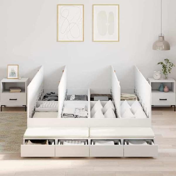 Sengestel - EKSKLUSIV HUS - 135 cm - Indbygget opbevaring - Massivt træ & plader - Lamelseng Vit