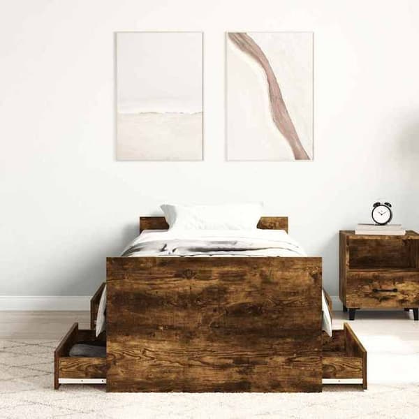 Sengestel - EKSKLUSIV HUS - 100x200 cm - Røget eg - 4 skuffer - Robuste lameller Rökt ek