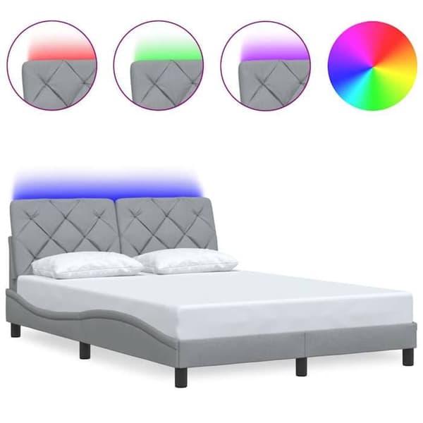 Sengestel - EKSKLUSIV HUS - 140x190 cm - Indbygget LED - Lys grå stof - Lamelseng Ljusgrått