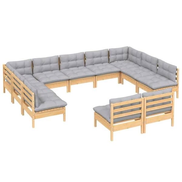 Havemøbler - Eksklusivt hus - 11 dele - Massivt fyrretræ - Modulerbart, grå puder grå (kuddar)
