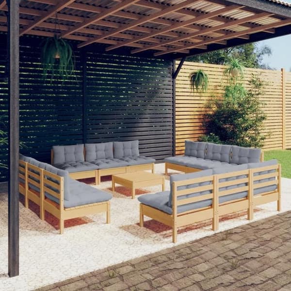 Maison Exclusive - Trädgårdsmöbler 13 delar med grå kuddar i furu grå