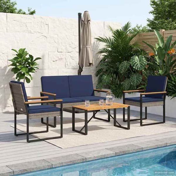 Havemøbler - EKSKLUSIVT HUS - 4 dele - Grå og marineblå - Stål & poly rattan - Akacietræ plade Grå och marinblå