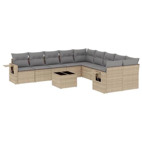 Maison Exclusive - Trädgårdsmöbler 11 delar med beige kuddar i flätad resin